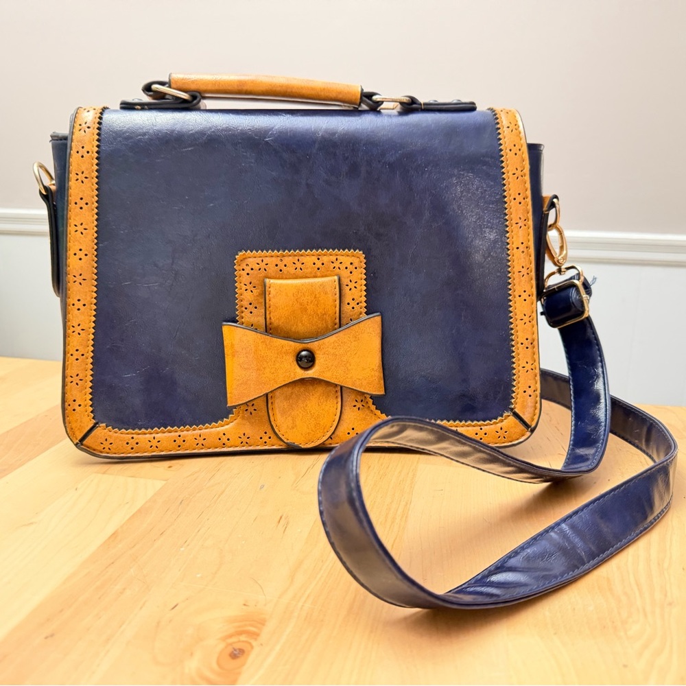 Banned Navy Blue and Tab Faux Leather Vintage Style Messenger Bag.